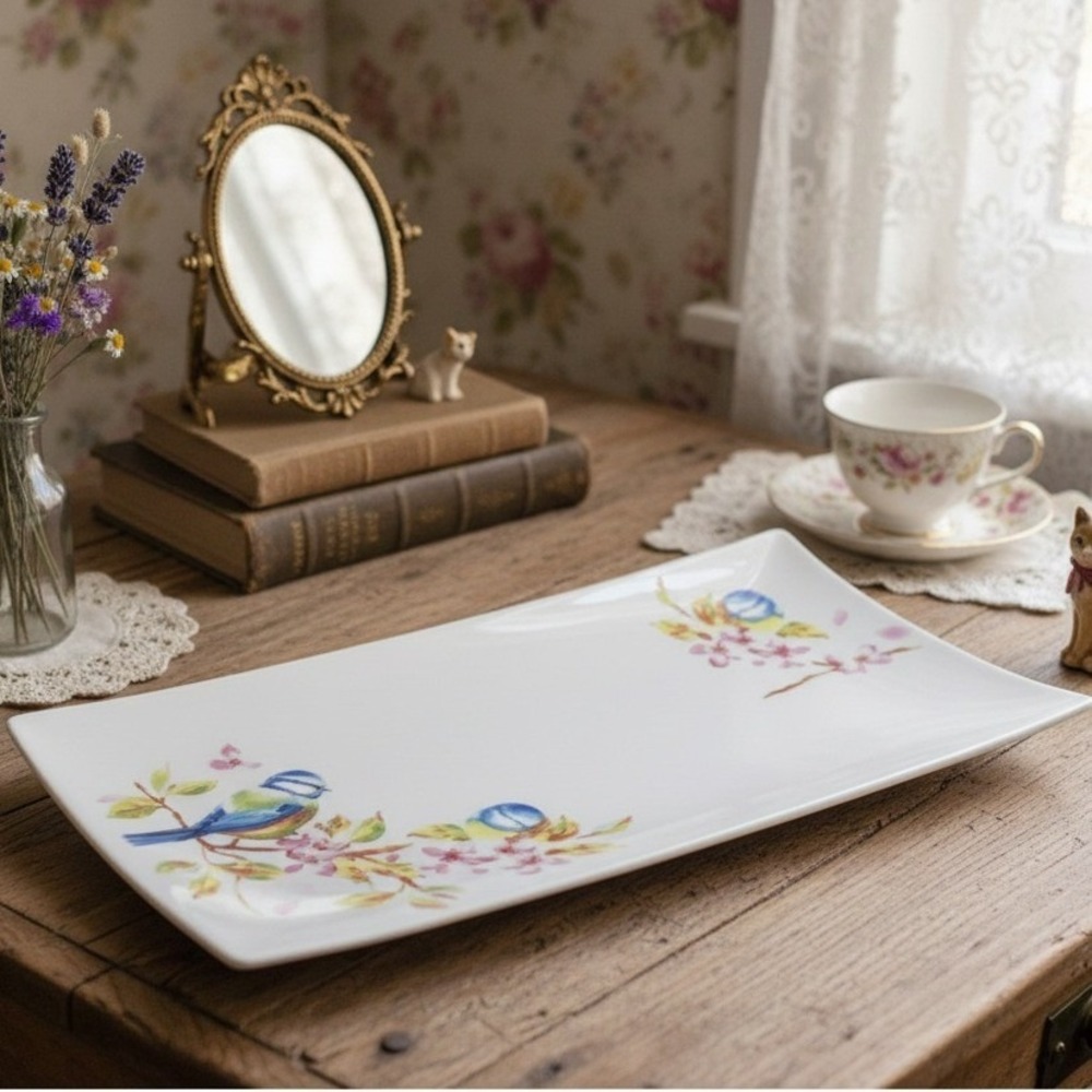 Retired Pier 1 SUMMERTIME BLUE BIRDS Serving Tray Cherry Blossoms
